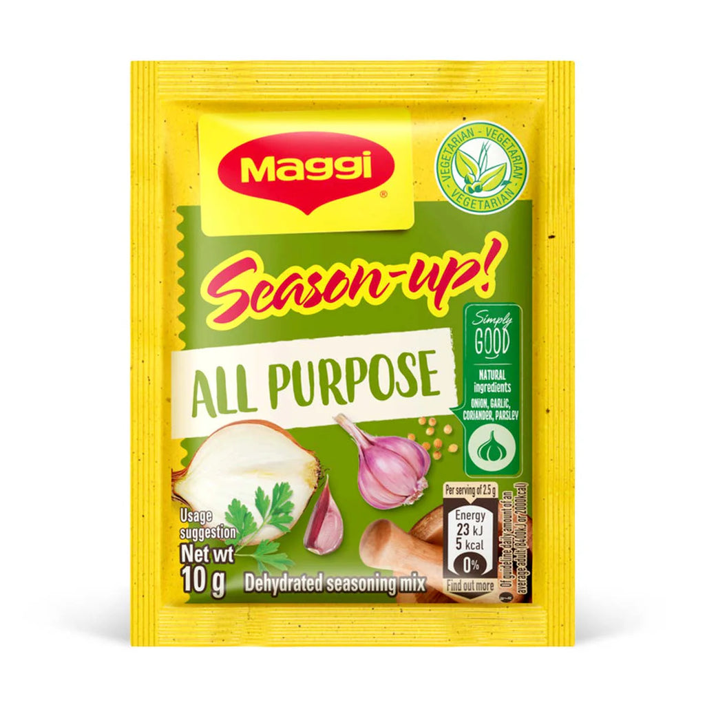 Maggi Season-Up All Purpose 10g packet – flavorful seasoning blend for meats, seafood, and vegetables.