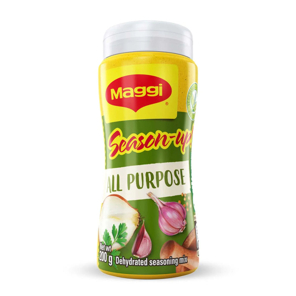 Maggi Season-Up All Purpose bottle with a yellow label and images of garlic, onions, and herbs, containing dehydrated seasoning mix.