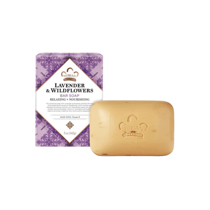 Bar of soap with packaging labeled 'Lavender & Wildflowers' on a white background