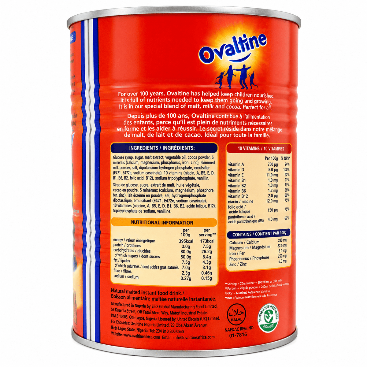 Ovaltine chocolate malt 400 g, side of the can