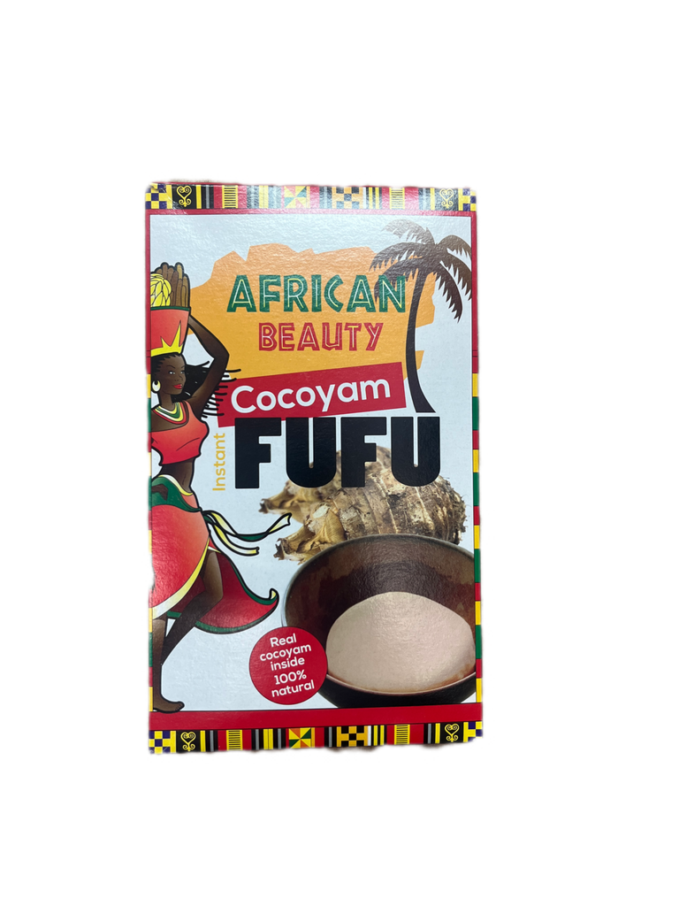 African Beauty Cocoyam Fufu – Instant cocoyam flour mix in a colorful box featuring African art and natural ingredients.