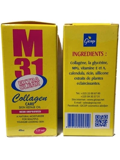 Yellow boxes of M31 Extra Clear Collagen Care Skin Oil with Glicep branding.