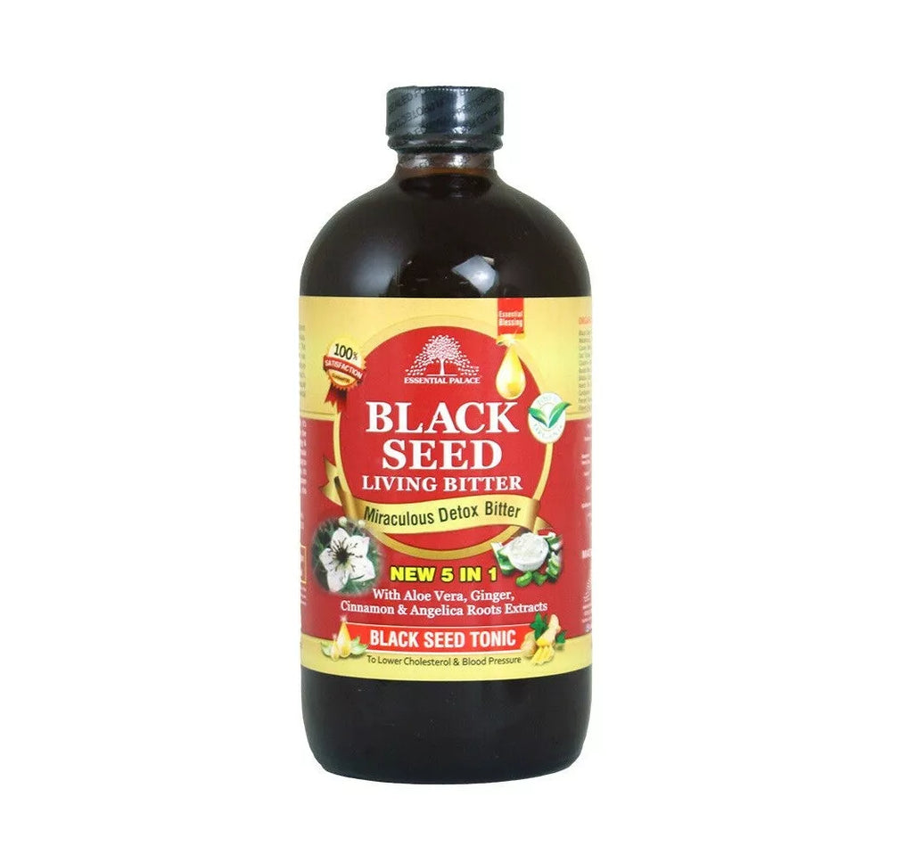 Bottle of Organic Black Seed Living Bitter detox supplement, designed for natural cleansing and immune support.