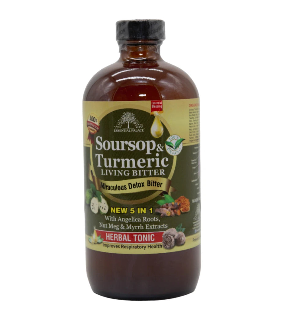 Essential Palace Living Bitters – 16 fl oz herbal detox supplement with soursop, turmeric, angelica root, nutmeg, and cassia for digestion, detox, and respiratory support.