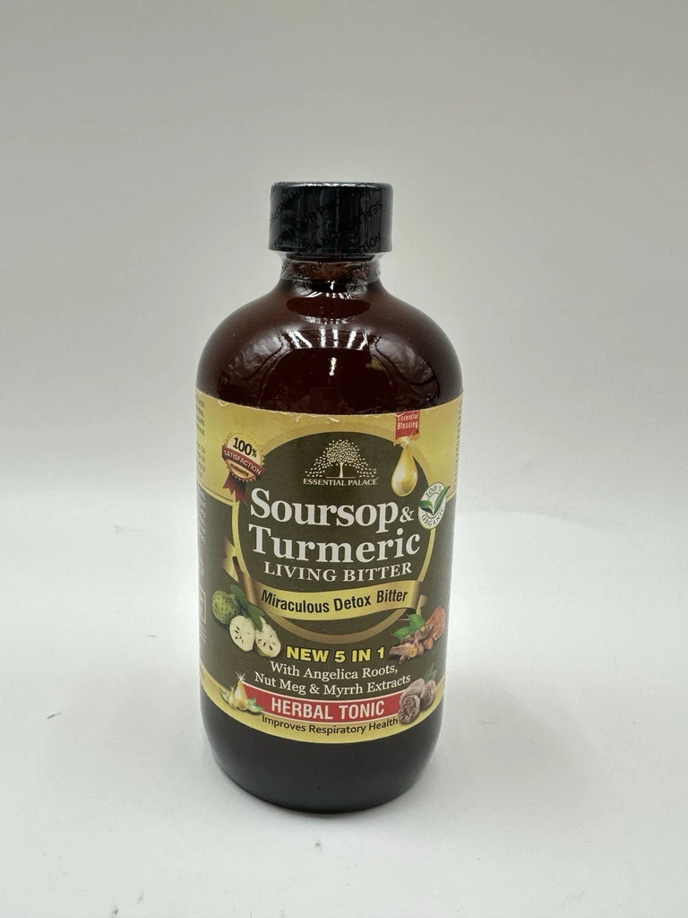 Essential Palace Living Bitters – 16 fl oz herbal detox supplement with soursop, turmeric, angelica root, nutmeg, and cassia for digestion, detox, and respiratory support.