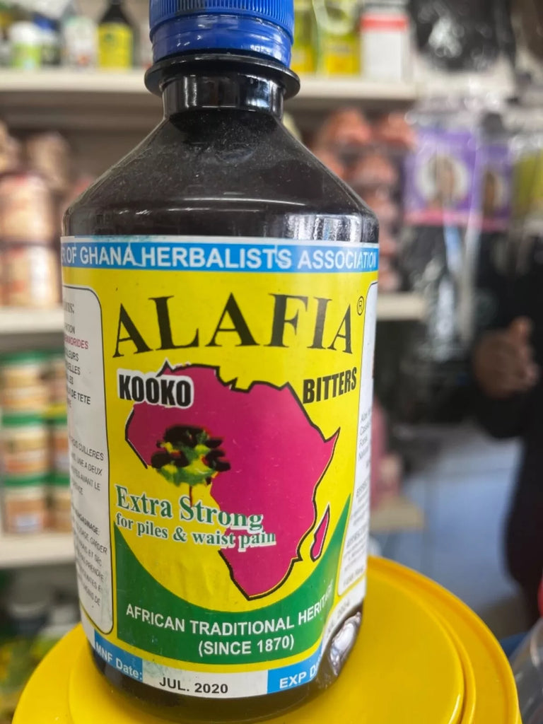 Bottle of Alafia Kooko Bitters, 350ml, labeled “African Traditional Heritage Since 1870,” featuring traditional African design elements and herbal remedy branding.