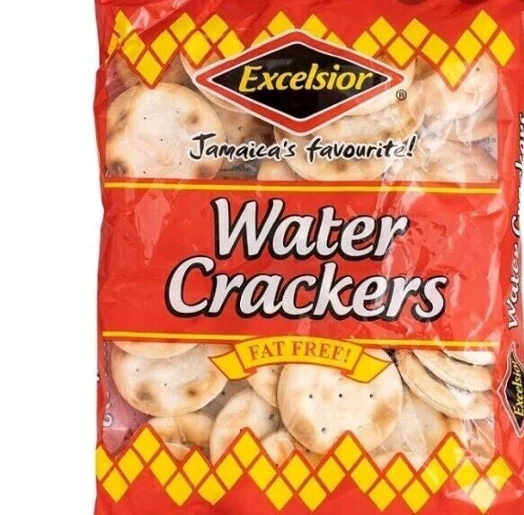 Three packs of Excelsior Water Crackers, 10.57 oz (300g) each, labeled "Fat Free" on the packaging. The crackers are packaged in rectangular boxes with a red, yellow, and blue design.