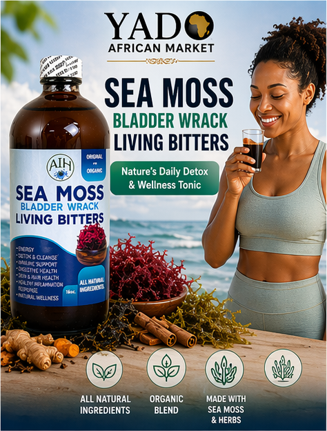 YADO African Market Sea Moss Bladder Wrack living bitters product with a woman drinking from a glass outdoors.