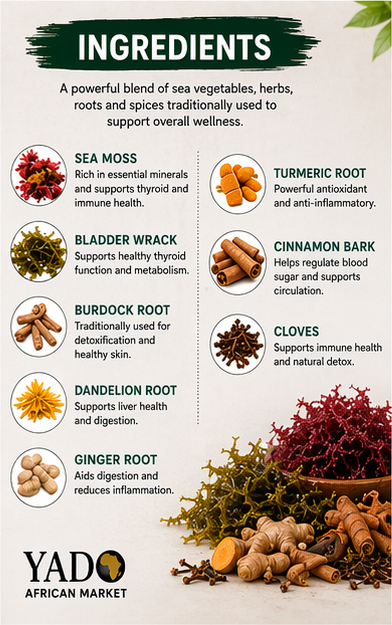 Sea Moss Living Bitters ingredients include sea vegetables, herbs, roots, and spices.