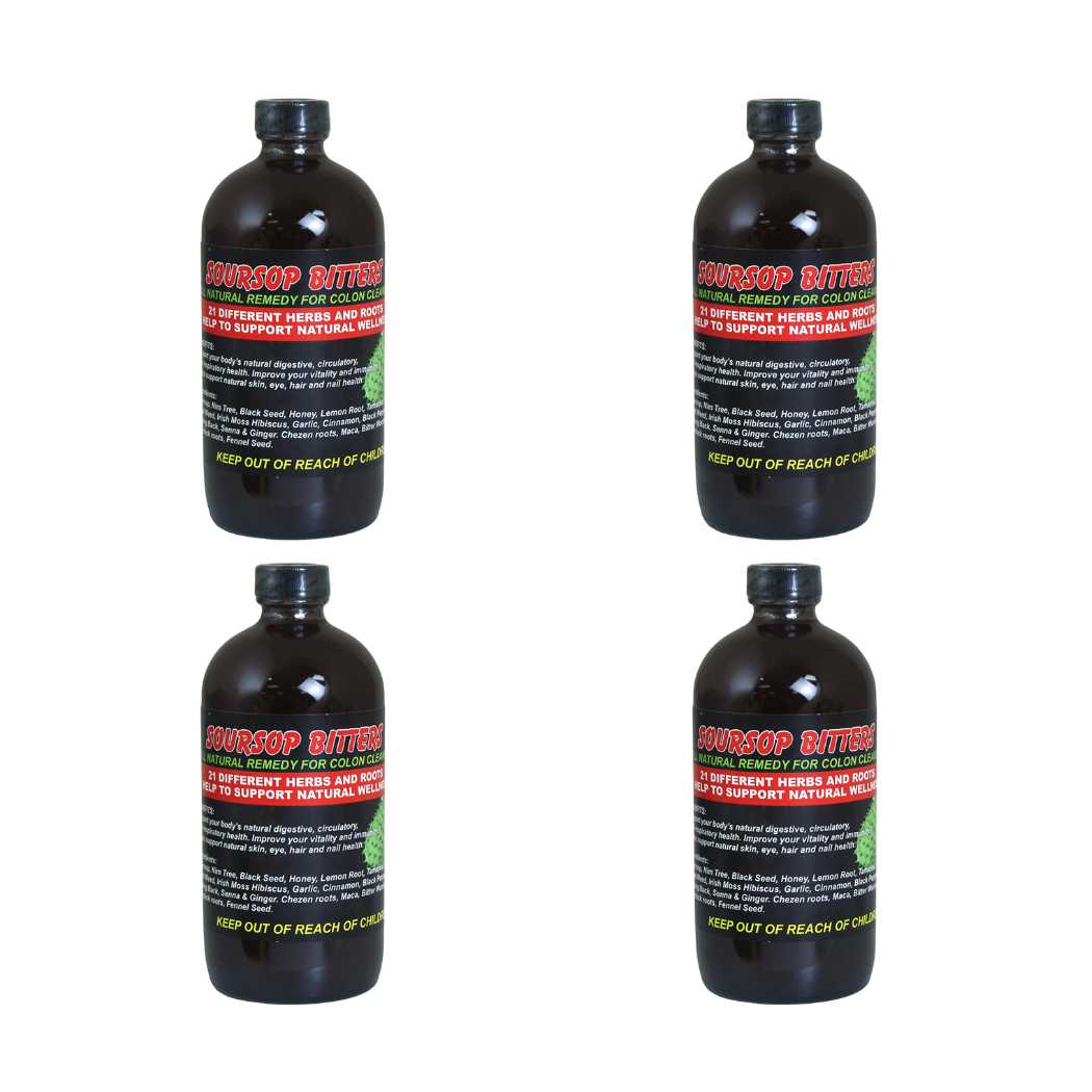 Soursop Bitters Liquid Bundle – Organic Herbal Detox with Black Seed – Supports Digestive Wellness & Immune Function – 16 fl oz - 4 Bottles - Yado African & Caribbean Market