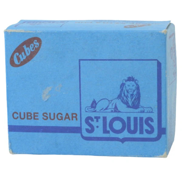 A box of St. Louis brand sugar cubes, neatly stacked white cubes used for sweetening beverages like tea and coffee.