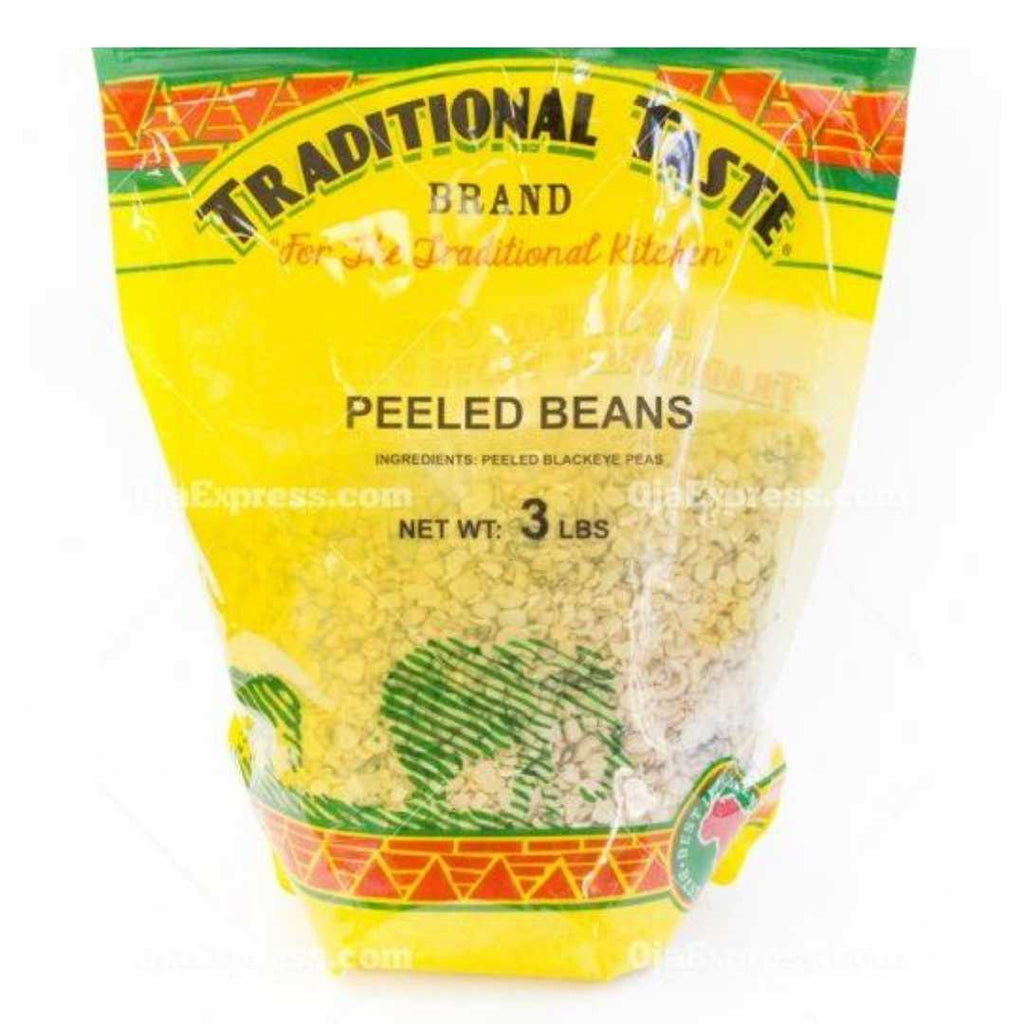 A 3-pound package of Traditional Taste Peeled Beans, showing smooth, light-colored peeled beans ready for cooking, displayed on a rustic wooden surface.