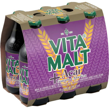 Vita Malt Acai 6 Pack, non-alcoholic malt beverage infused with acai flavor, offering a rich, refreshing taste to enjoy chilled anytime.