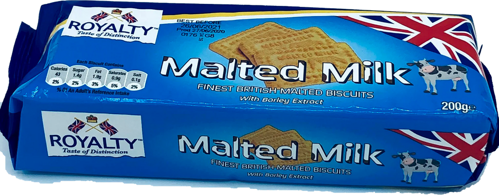 Package of Royalty Malted Milk Biscuits (200g) showing the front label. The blue and white packaging features two rectangular biscuits with the “Malted Milk” imprint, a cow illustration, and a section of the British flag in red, white, and blue. The Royalty logo with small British flags appears on the left, and nutritional information is displayed at the bottom left corner.