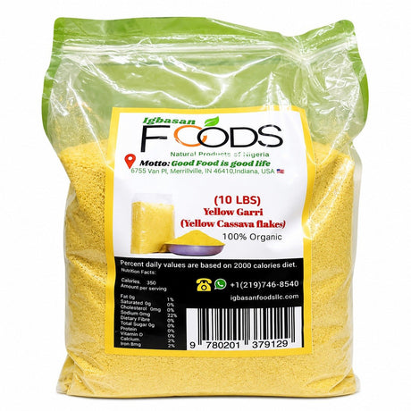 Yellow Garri (Gari) – Igbasan Foods Cassava Flakes, 5 lb & 10 lb 5 lb – Single Unit (Inventory Stock)
