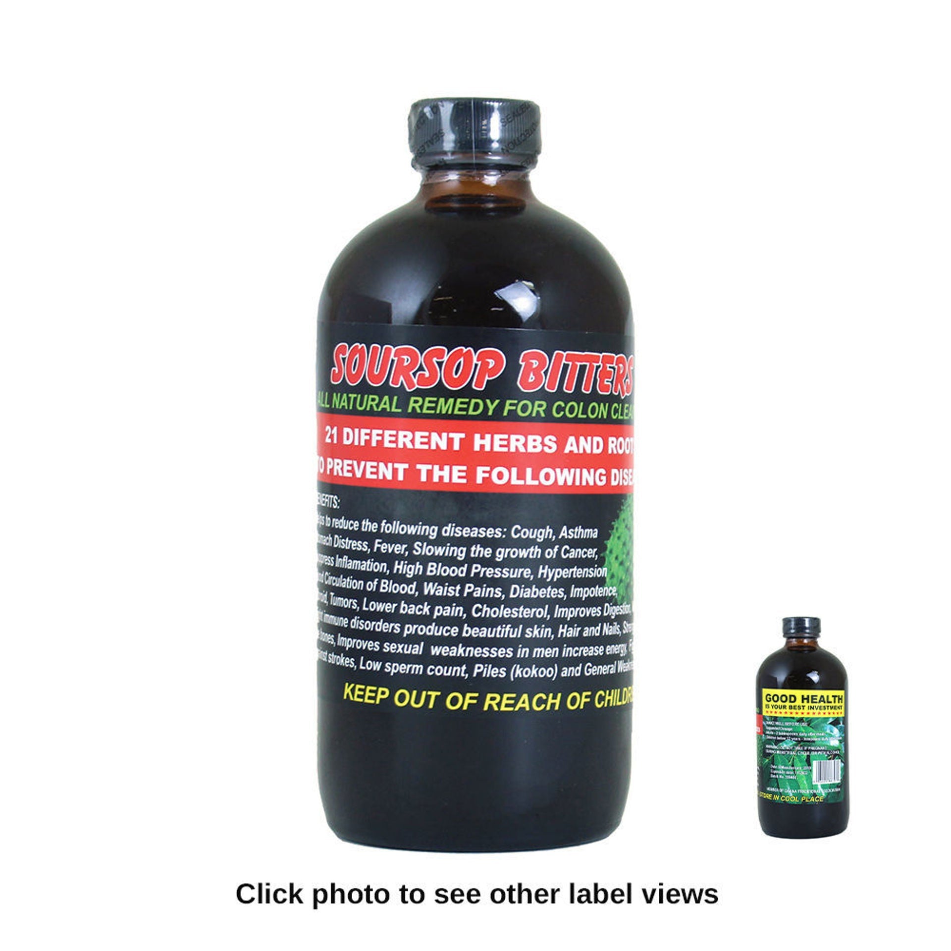 Bottle of Soursop Bitters 16oz, a traditional herbal tonic made with soursop, bitter leaf, neem, and moringa for natural digestive and wellness support.