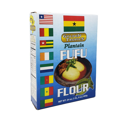 Golden Tropics Plantain Fufu in branded packaging, instant plantain fufu flour for preparing smooth, authentic African fufu with a soft texture and traditional taste.