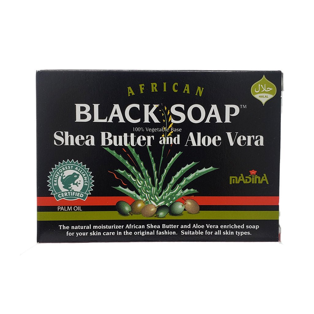 Madina Black Soap with Shea Butter and Aloe Vera, gentle cleansing bar that removes impurities while moisturizing and leaving skin feeling soft, smooth, and refreshed.