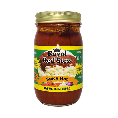 Royal Red Stew Spicy Hot Tomato Stew 16oz, rich and flavorful tomato-based stew with a spicy kick, perfect for pairing with rice, meats, seafood, and traditional African dishes.