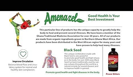 Amenazel Organic Power Bitters in a branded bottle, herbal wellness blend made with a selection of traditional botanicals, formulated to support everyday wellness as part of a balanced lifestyle.