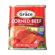 Grace Caribbean Corned Beef 12 oz can, fully cooked corned beef with a rich, savory flavor, ready to enjoy in sandwiches, breakfast dishes, rice, and family meals.