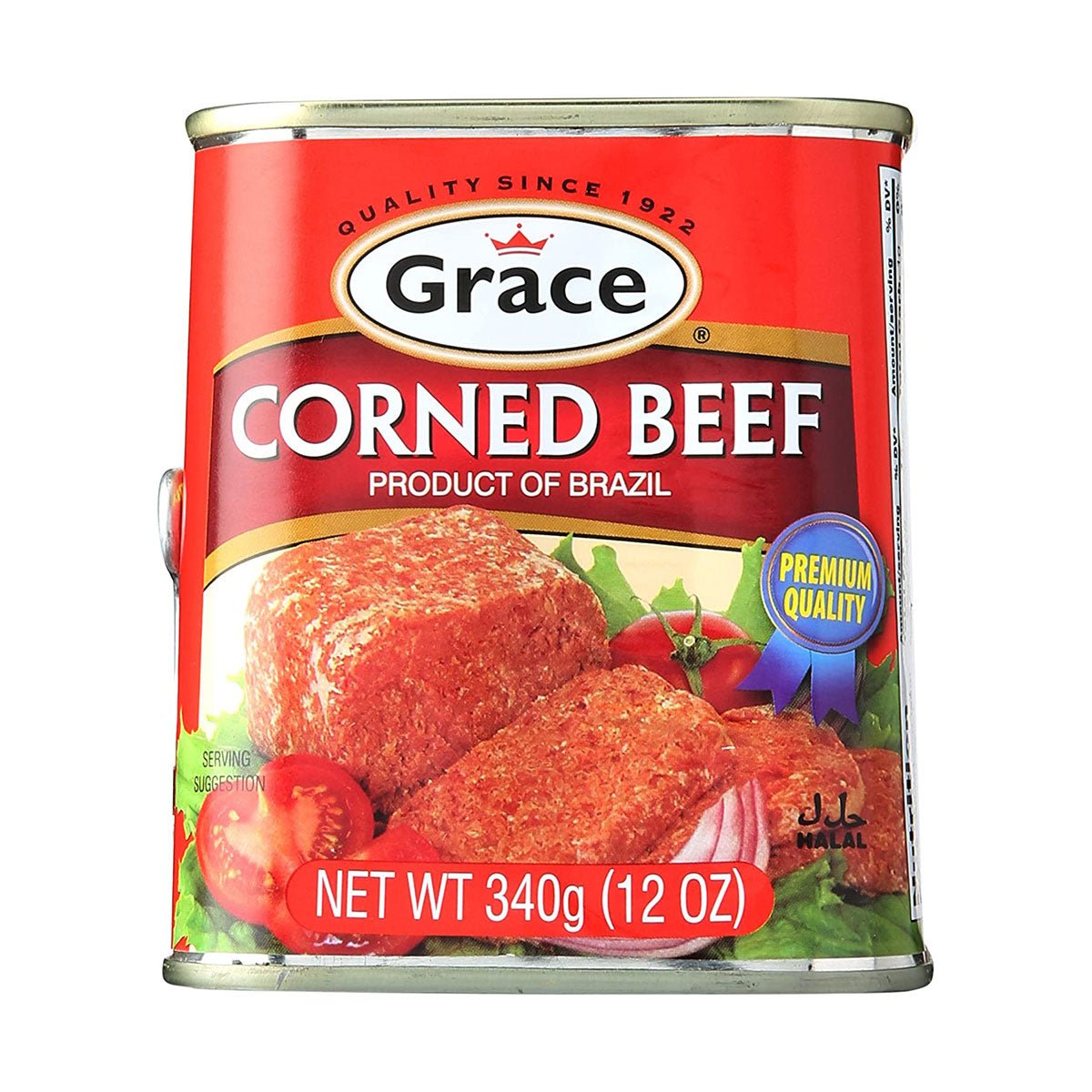 Grace Caribbean Corned Beef 12 oz can, fully cooked corned beef with a rich, savory flavor, ready to enjoy in sandwiches, breakfast dishes, rice, and family meals.