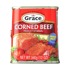 Grace Caribbean Corned Beef 12 oz can, fully cooked corned beef with a rich, savory flavor, ready to enjoy in sandwiches, breakfast dishes, rice, and family meals.